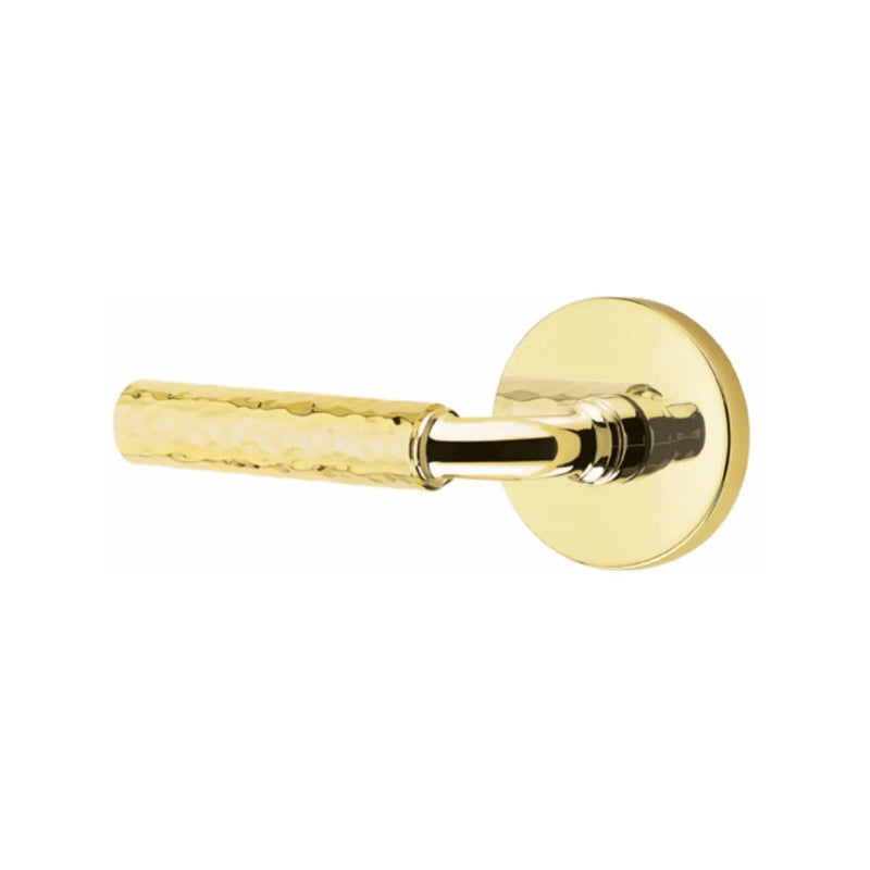 Emtek Select R-Bar Hammered Lever with Disk Rosette in Unlacquered Brass finish