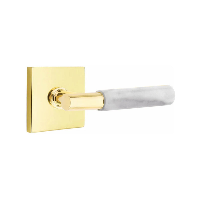 Emtek Select T-Bar White Marble Lever with Square Rosette in Unlacquered Brass finish