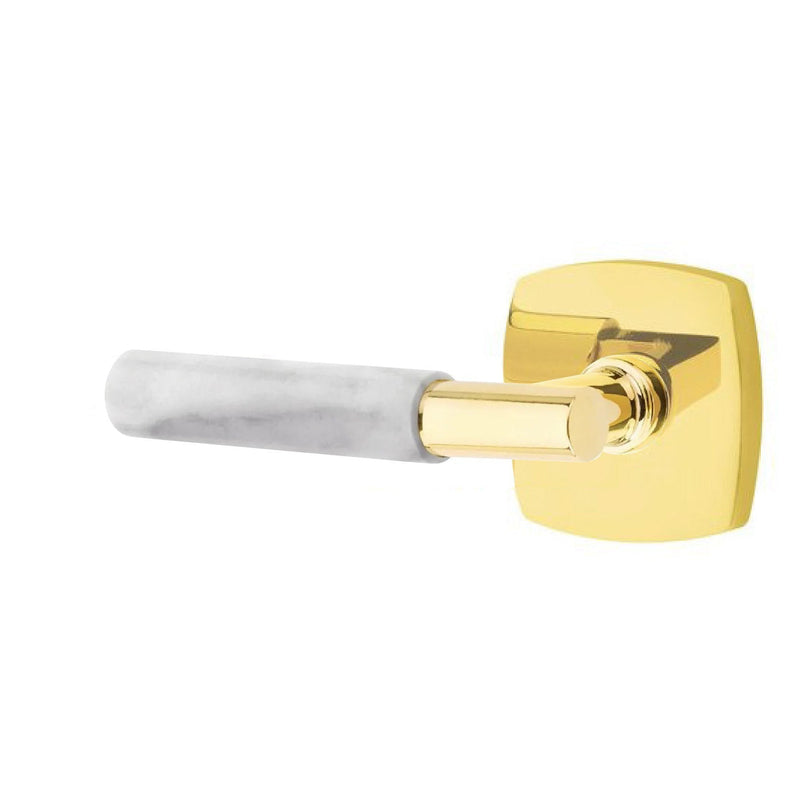 Emtek Select T-Bar White Marble Lever with Urban Modern Rosette in Unlacquered Brass finish