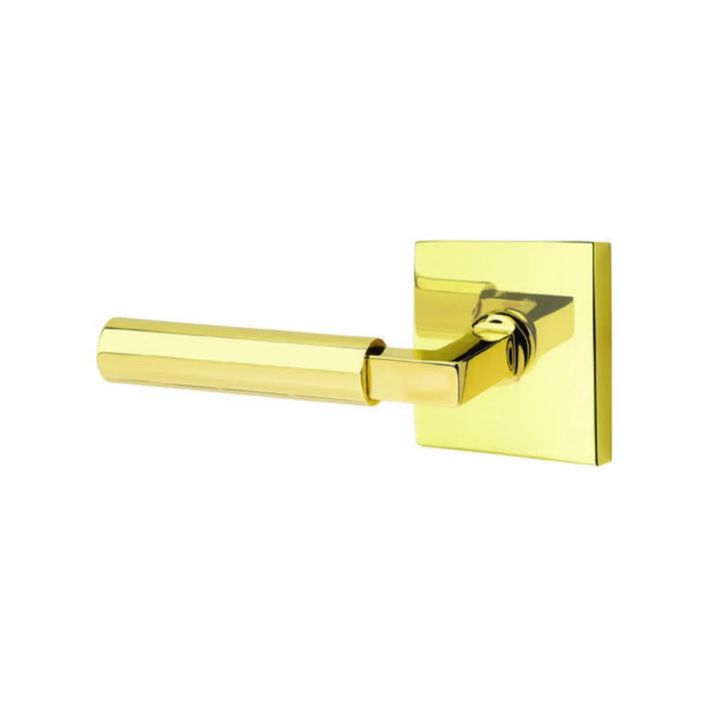 The Emtek Hercules Lever With Square Rosette in Unlacquered Brass finish