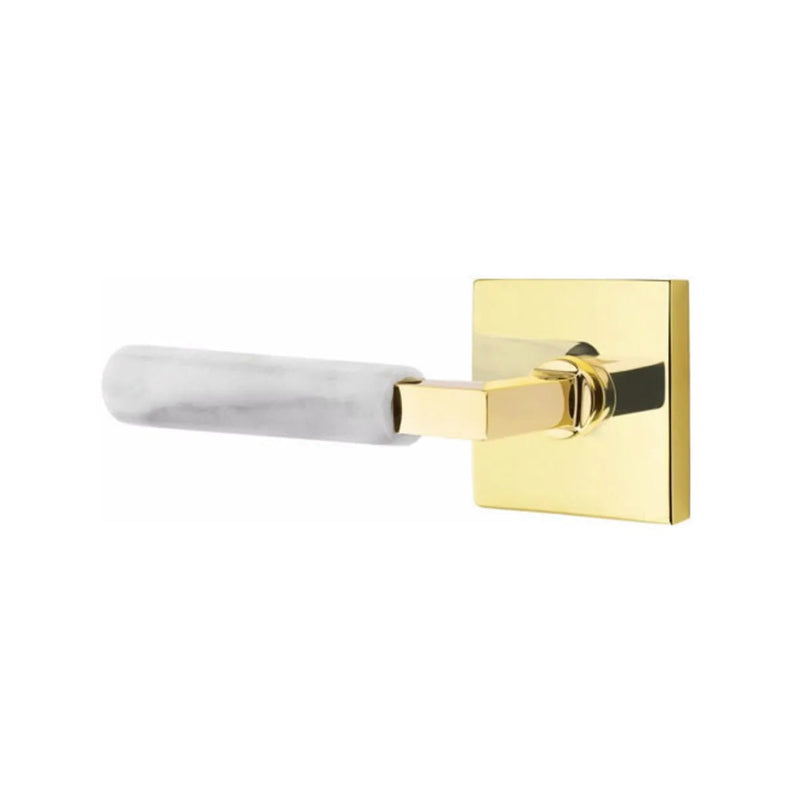 Emtek Select L-Square White Marble Lever with Square Rosette in Unlacquered Brass finish