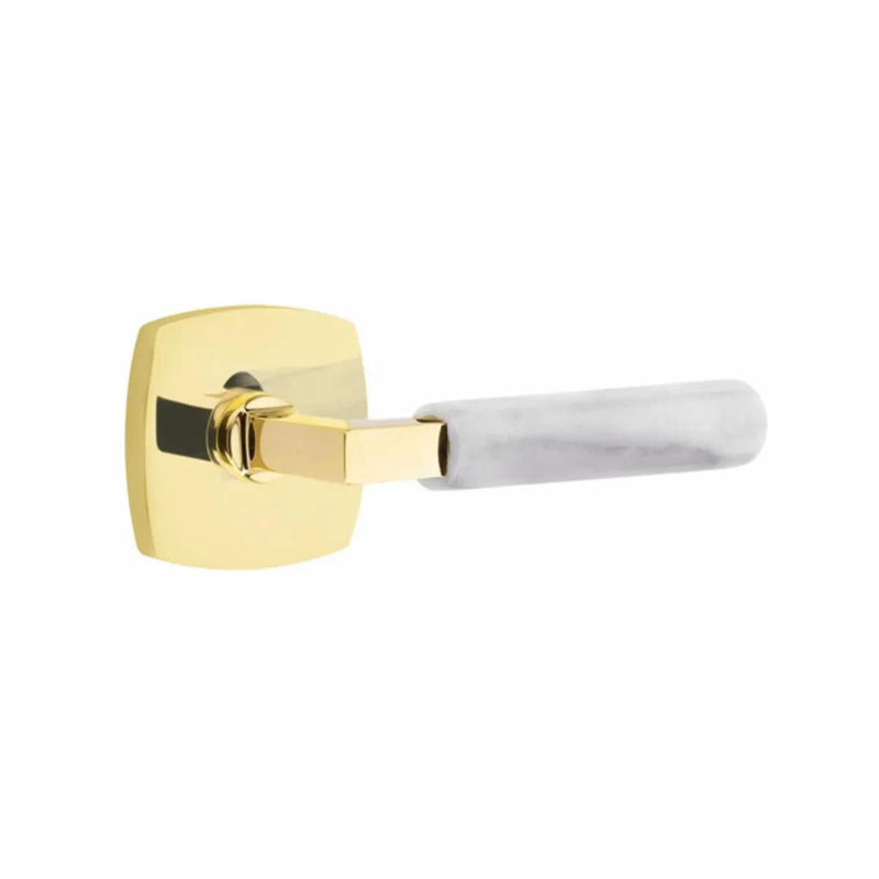 Emtek Select L-Square White Marble Lever with Urban Modern Rosette in Unlacquered Brass finish