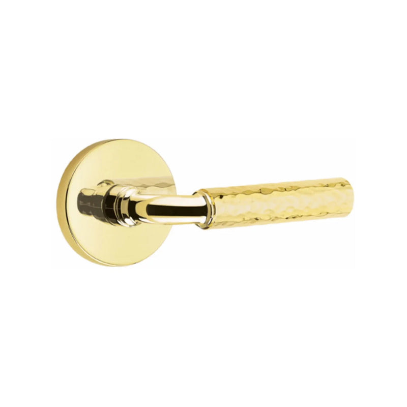 Emtek Select R-Bar Hammered Lever with Disk Rosette in Unlacquered Brass finish