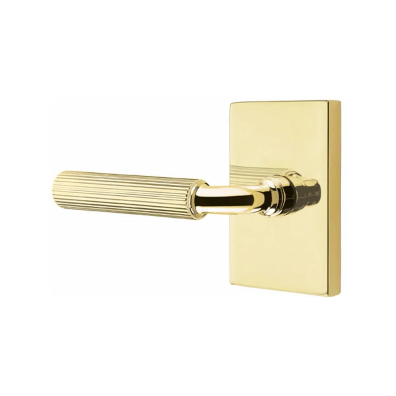 Emtek Select R-Bar Straight Knurled Lever with Modern Rectangular Rosette in Unlacquered Brass finish