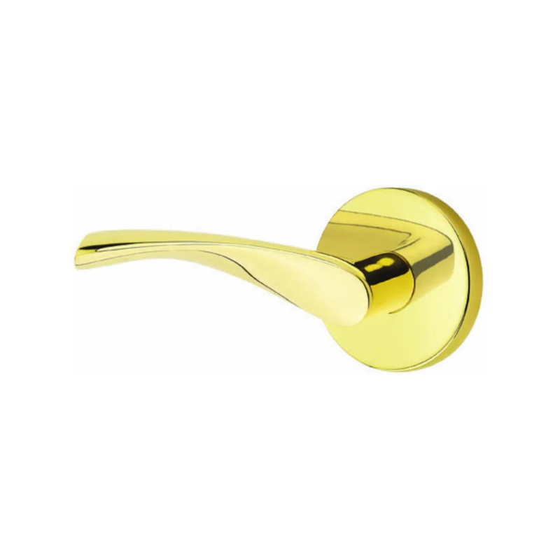 The Emtek Triton Lever With Disk Rosette in Unlacquered Brass finish