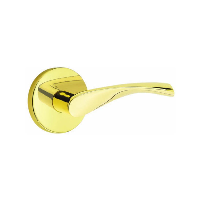 The Emtek Triton Lever With Disk Rosette in Unlacquered Brass finish