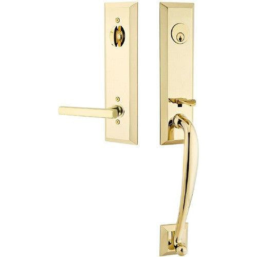 Emtek Adams Tubular Entrance Handleset With Freestone Lever in Unlacquered Brass finish