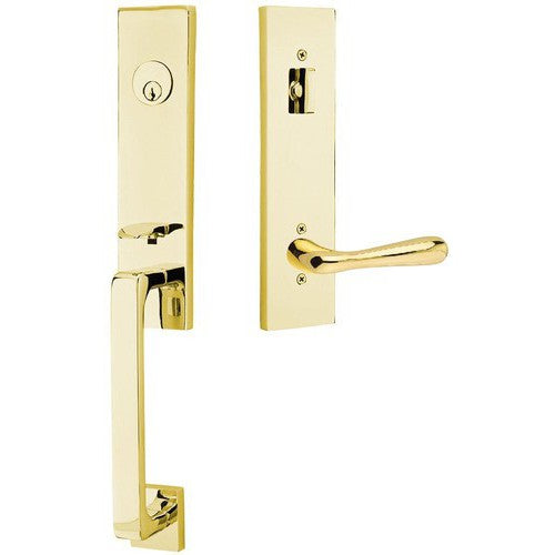 Emtek Davos Handleset with Interior Basel Lever in Unlacquered Brass finish