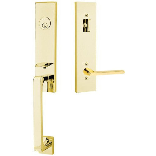 Emtek Davos Tubular Entrance Handleset With Helios Lever in Unlacquered Brass finish