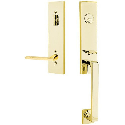 Emtek Davos Tubular Entrance Handleset With Helios Lever in Unlacquered Brass finish