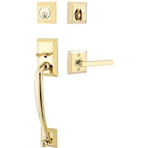 Emtek Franklin Tubular Entrance Handleset With Freestone Lever in Unlacquered Brass finish