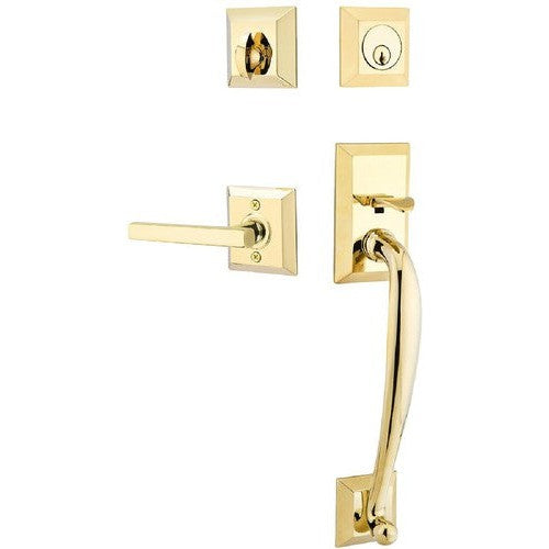 Emtek Franklin Tubular Entrance Handleset With Freestone Lever in Unlacquered Brass finish