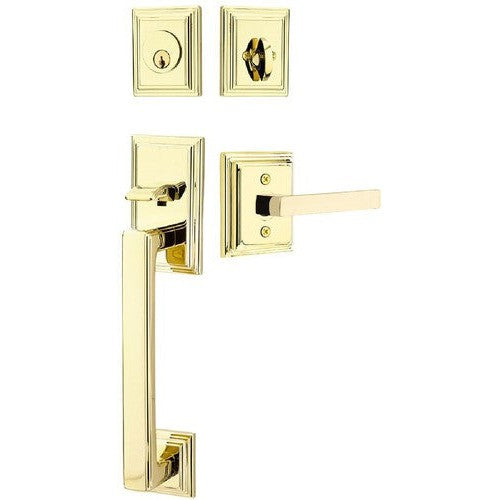 Emtek Hamden Tubular Entrance Handleset With Dumont Lever in Unlacquered Brass finish