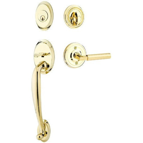 Emtek Saratoga Tubular Entrance Handleset With Hercules Lever in Unlacquered Brass finish