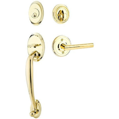 Emtek Saratoga Tubular Entrance Handleset With Stuttgart Lever in Unlacquered Brass finish