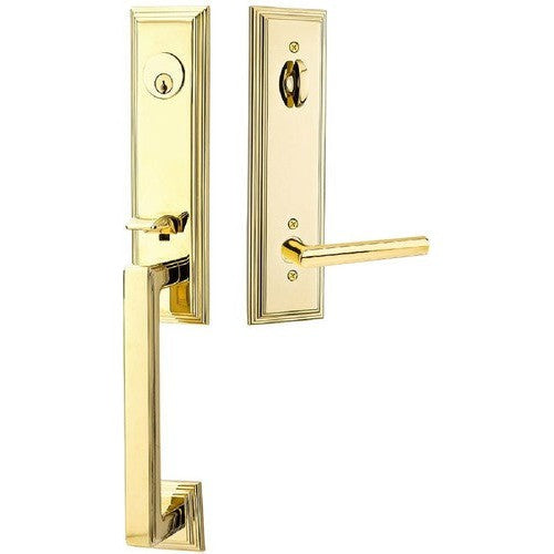 Emtek Wilshire Tubular Entrance Handleset With Stuttgart Lever in Unlacquered Brass finish