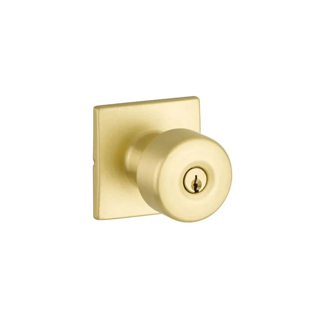 The Yale Expressions Dylan Knob with Marcel Rosette in Satin Brass finish.
