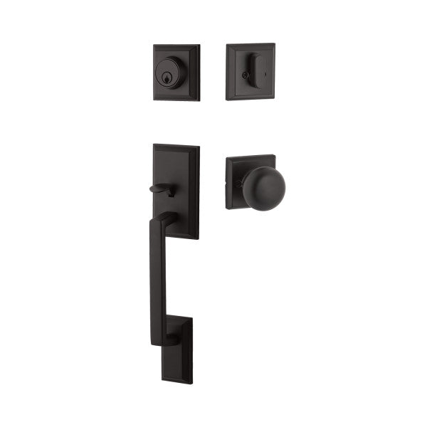 The Yale Expressions Ellington Entry Set with Walker Knob in Flat Black finish.