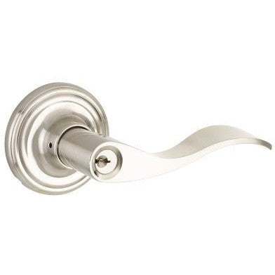 The Yale Expressions Entry Brunswick Lever with Maguire Rosette, Weiser Keyway in Satin Nickel finish