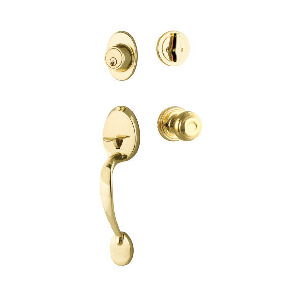 The Yale Expressions Maguire Entry Set with Lewiston Knob in Polished Brass finish.