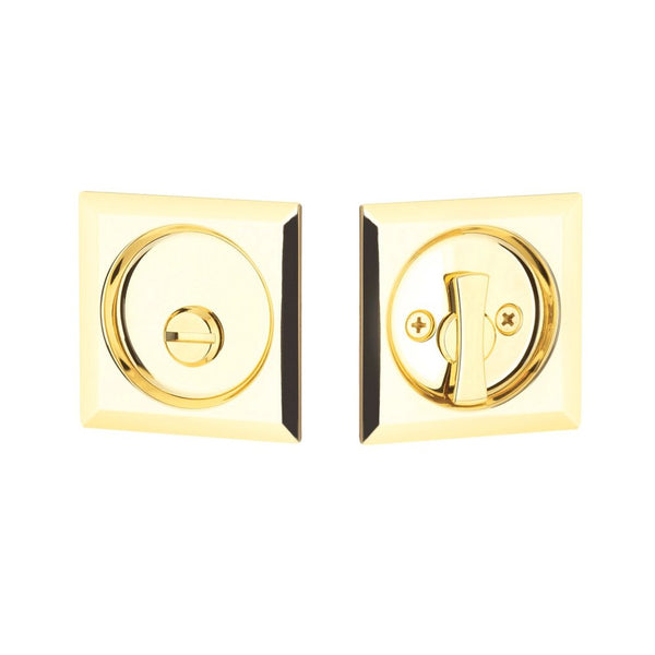 The Yale Expressions Privacy Tubular Square Pocket Door Lock in Polished Brass finish.