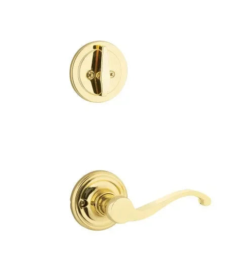 The Yale Expressions Single Cylinder Maguire Interior Trim Pack with Left Handed Farmington Lever-Exterior Trim Sold Separately in Polished Brass finish.