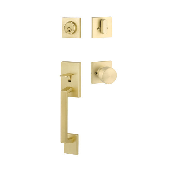 The Yale Expressions Marcel Entry Set with Dylan Knob in Satin Brass finish.