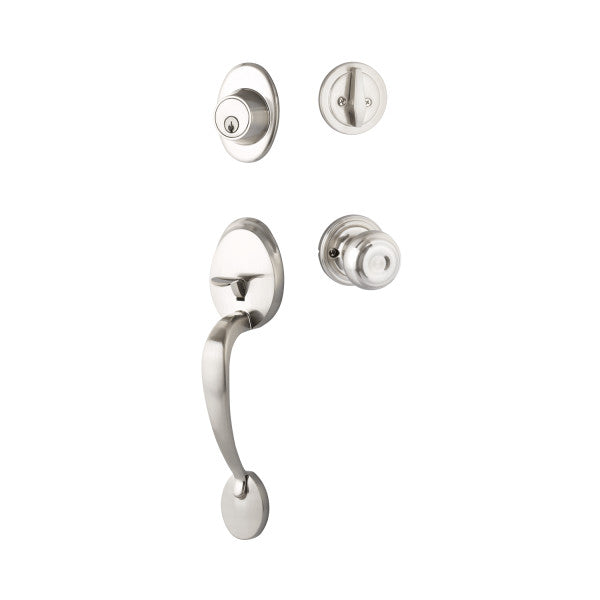 The Yale Expressions Maguire Entry Set with Lewiston Knob in Satin Nickel finish.