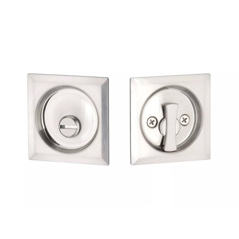 The Yale Expressions Privacy Tubular Square Pocket Door Lock in Satin Nickel finish.