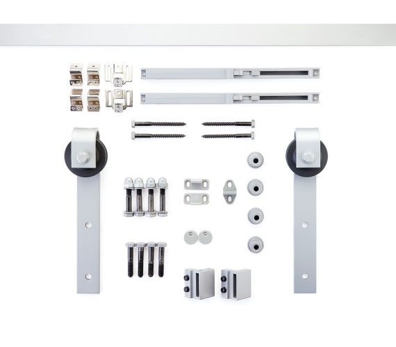 The Yale Expressions 96" Barn Door Flat Track Hardware Kit in Silver finish.