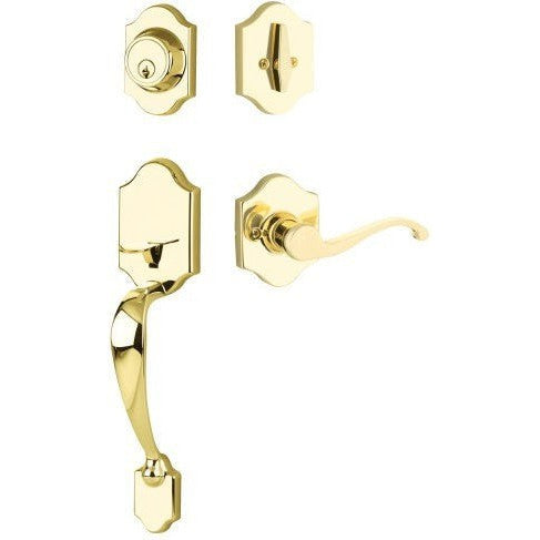 The Yale Expressions Everly Single Cylinder Entry Set with Left Handed Farmington Lever, Kwikset Keyway in Polished Brass finish