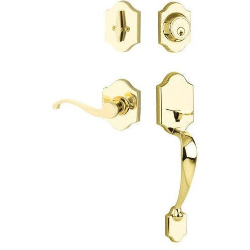 The Yale Expressions Everly Single Cylinder Entry Set with Right Handed Farmington Lever, Kwikset Keyway in Polished Brass finish