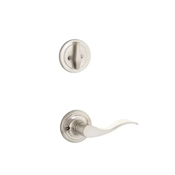 The Yale Expressions Single Cylinder Maguire Interior Trim Pack with Left Handed Brunswick Lever-Exterior Trim Sold Separately in Satin Nickel finish.