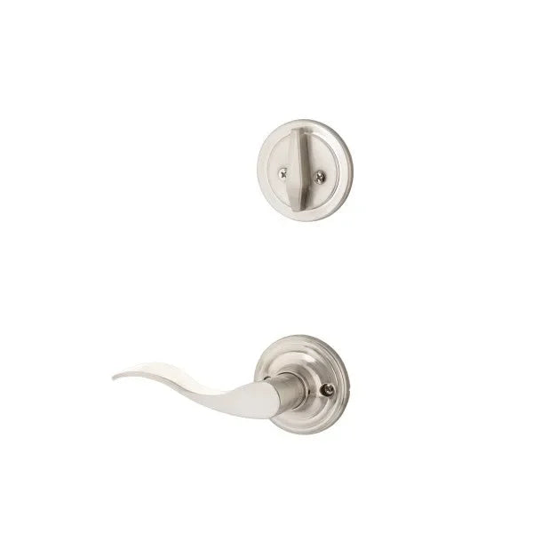 The Yale Expressions Single Cylinder Maguire Interior Trim Pack with Right Handed Brunswick Lever-Exterior Trim Sold Separately in Satin Nickel finish.