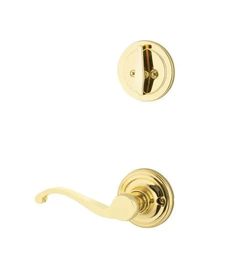 The Yale Expressions Single Cylinder Maguire Interior Trim Pack with Right Handed Farmington Lever-Exterior Trim Sold Separately in Polished Brass finish.