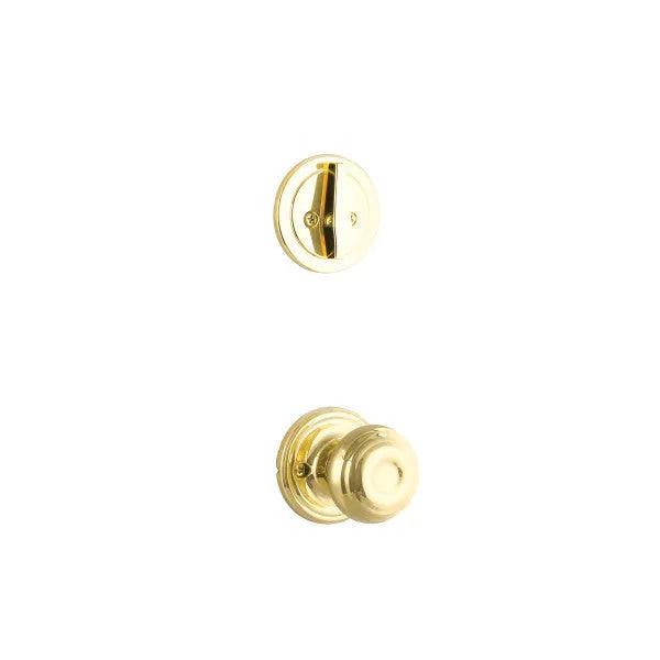 The Yale Expressions Single Cylinder Maguire Interior Trim Pack with Lewiston Knob-Exterior Trim Sold Separately in Polished Brass finish.