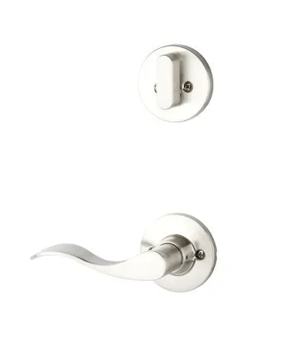 The Yale Expressions Single Cylinder Owen Interior Trim Pack with Right Handed Brunswick Lever-Exterior Trim Sold Separately in Satin Nickel finish.