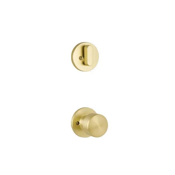 The Yale Expressions Single Cylinder Owen Interior Trim Pack with Dylan Knob-Exterior Trim Sold Separately in Satin Brass finish.