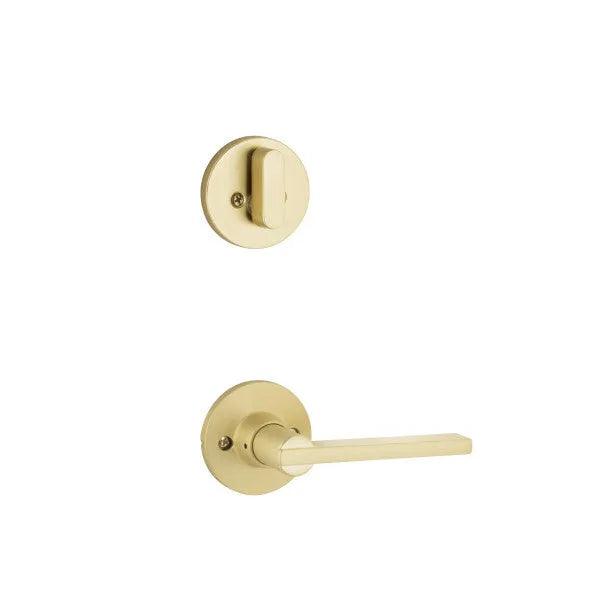 The Yale Expressions Single Cylinder Owen Interior Trim Pack with Nils Lever-Exterior Trim Sold Separately in Satin Brass finish.