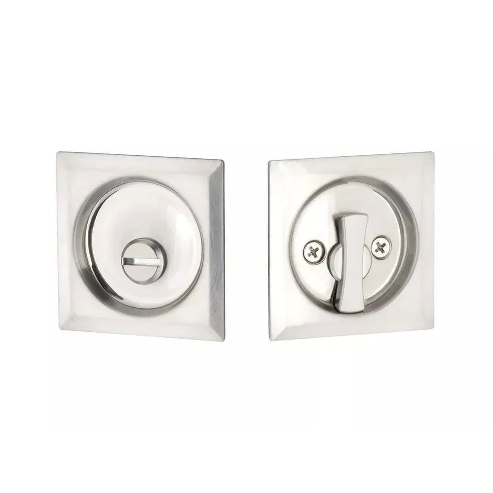 The Yale Expressions Privacy Tubular Square Pocket Door Lock in Satin Nickel finish.